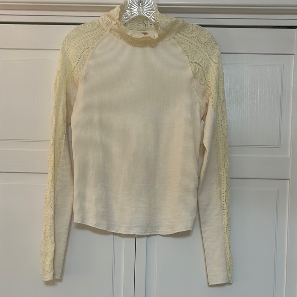 Free People Cream Fitted Long Sleeve Blouse